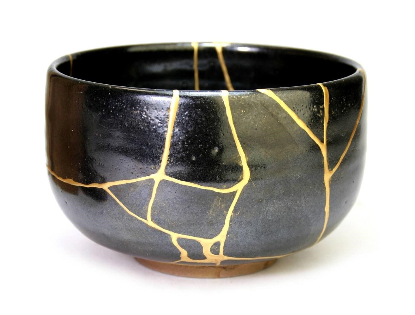 Antique Broken Japanese Black Bowl Repaired With Gold Kintsugi ...